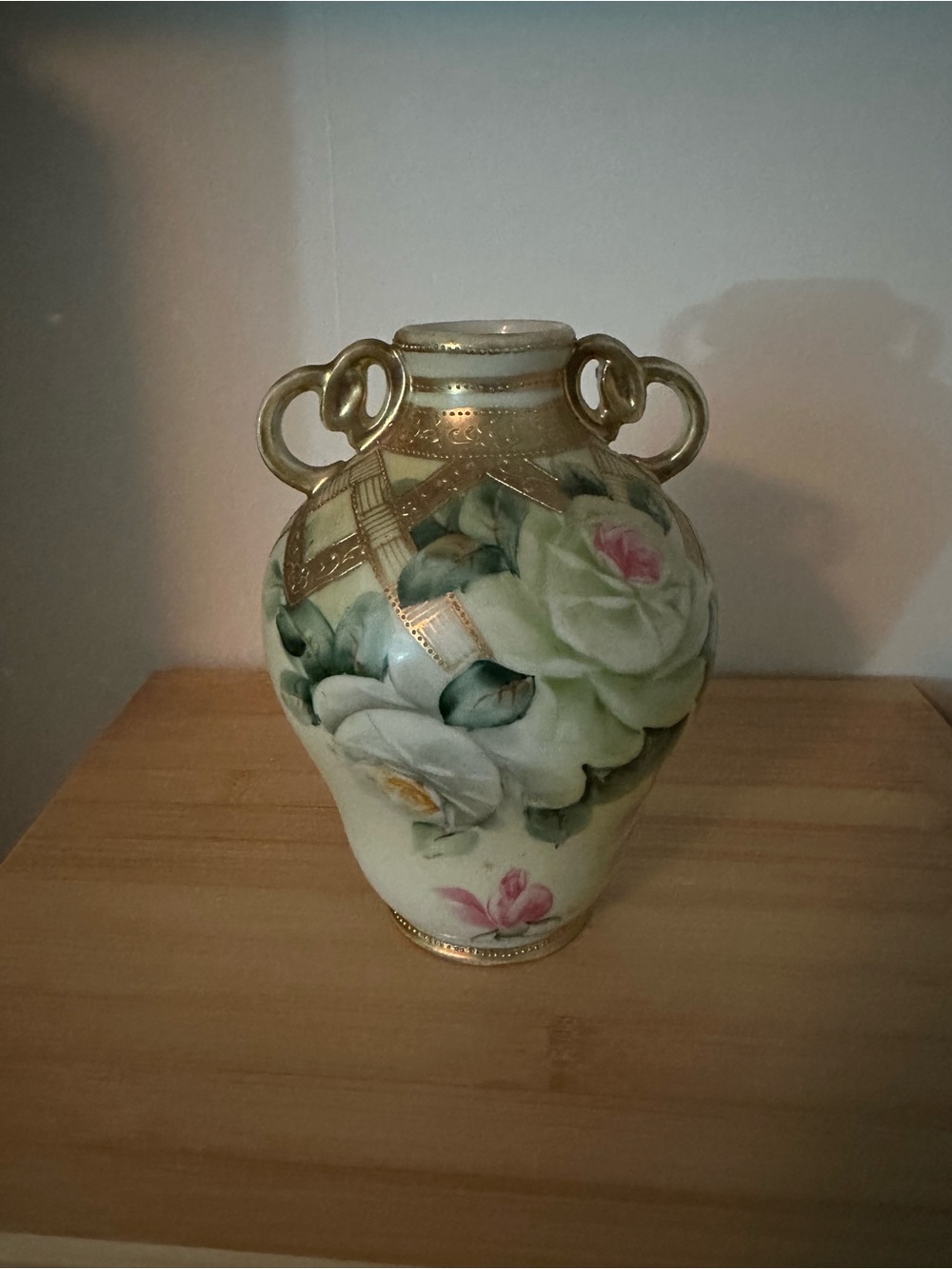 Hand-Painted Floral Ceramic Vase with Gold Trim - Cream, Green and Pink (AS-IS)